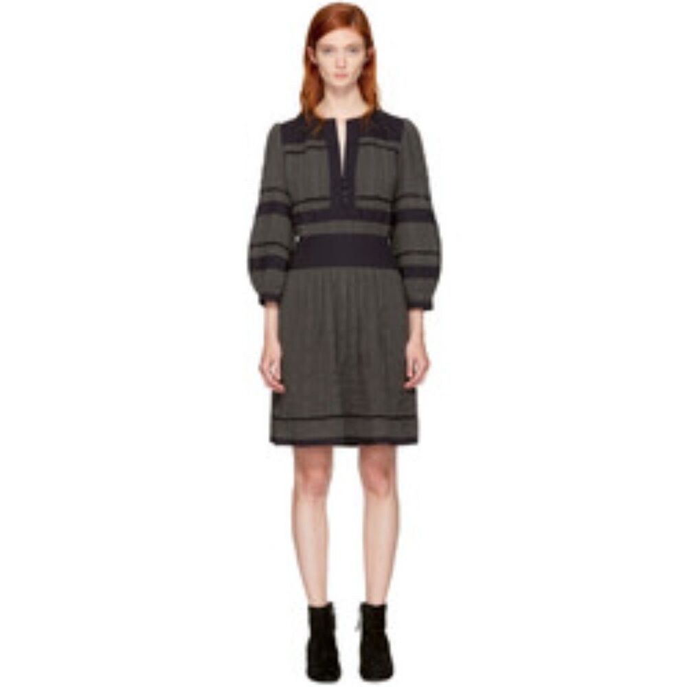 Isabel Marant Etoile Pleated 100% Cotton Mini Dress Gray Black Size 36